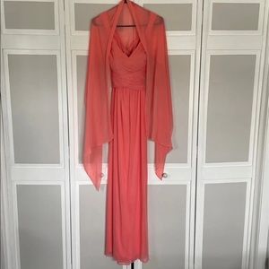 Mesh Long Dress with Crisscross Back & Shawl